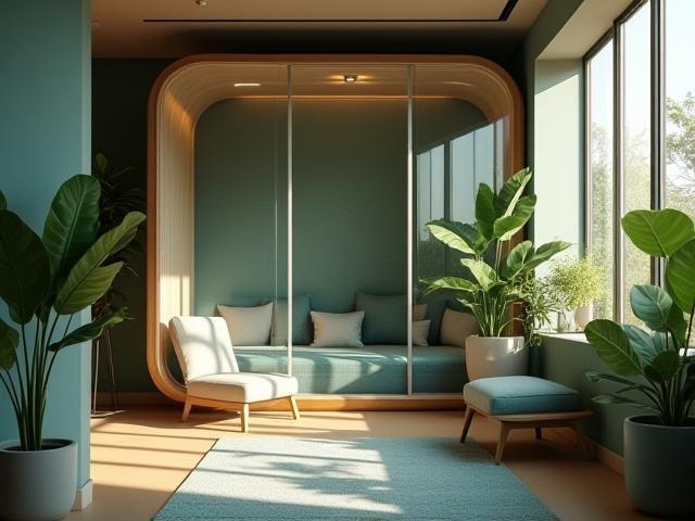 Peaceful modern soundproof workspace with calming natural light