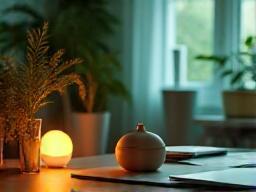Calm workspace with ambient lighting and scent diffuser