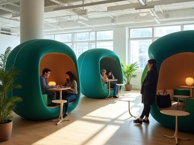 QuietNest pods set up in a bright London coworking space