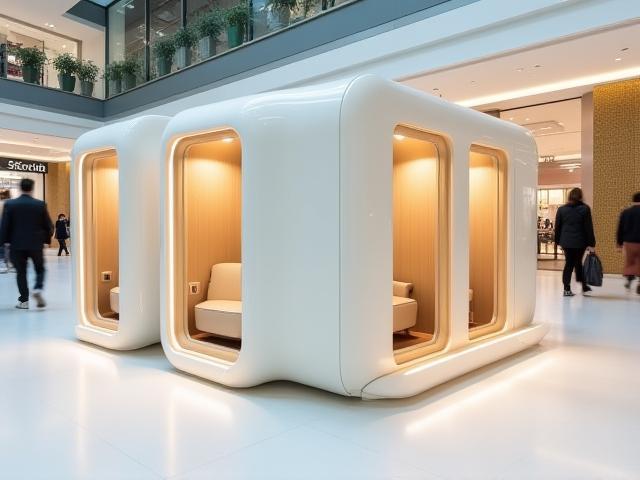 QuietNest pods in a Tokyo shopping mall, arranged for quick access