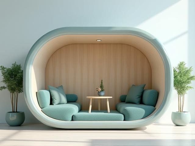 SoloNest pod model front view with modern workspace setup